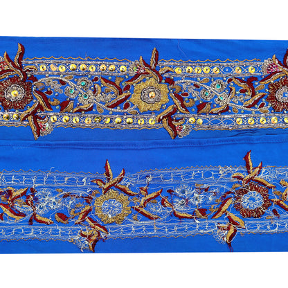 Indian Vintage Blue Sari Border Hand Embroidered Craft Trim 1Yd Lace Sewing Sari Ribbon Pure Crepe silk  Zardozi/Dabka Zari