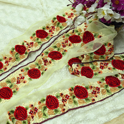 Indian Vintage Yellow Border Pure Georgette Silk Hand Embroidered 1Yd Craft Trim Lace Sewing Sari Ribbon Recycled