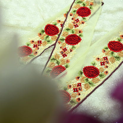 Indian Vintage Yellow Border Pure Georgette Silk Hand Embroidered 1Yd Craft Trim Lace Sewing Sari Ribbon Recycled