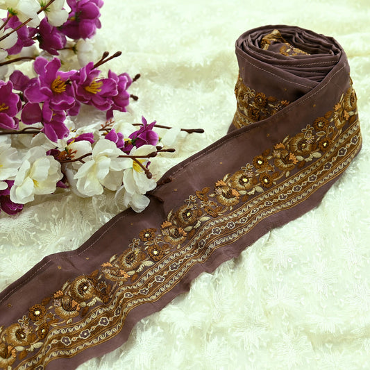 Indian Vintage Brown Border Hand Embroidered Indian Craft Trim Lace Sewing Sari Ribbon Pure Crepe silk  Zardozi/Dabka Zari Decor