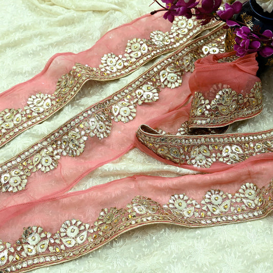 Indian Vintage Pink Border Hand Embroidered Gota Patti Craft Trim 1Yd Lace Sewing Sari Ribbon Zardozi/Dabka Zari Decor Gift Wrapped