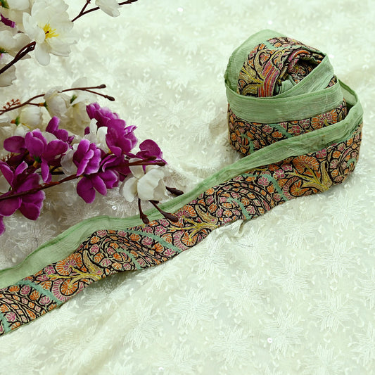 Indian Vintage Green Border Kashmiri Hand Embroidered 1Yd Craft Trim Lace Sewing Sari Ribbon Recycled Decor Dress Making Crafting
