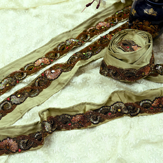 Indian Vintage Green Border Hand Embroidered 1Yd Craft Trim Lace Sewing Sari Ribbon Pure Satin Silk Zardozi/Dabka Zari Decor Gift Wrapped