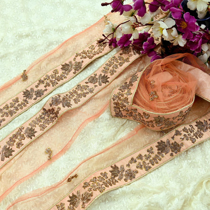 Indian Vintage Peach Sari Border Hand Embroidered 1yd Craft Trim Lace Sewing Net/Mess Ribbon Recycled Sari Border Zardozi/ Dabka Zari