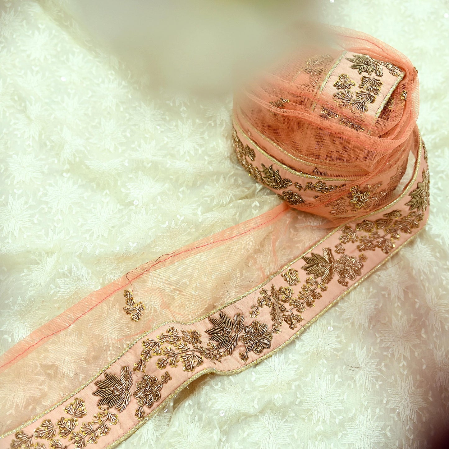 Indian Vintage Peach Sari Border Hand Embroidered 1yd Craft Trim Lace Sewing Net/Mess Ribbon Recycled Sari Border Zardozi/ Dabka Zari