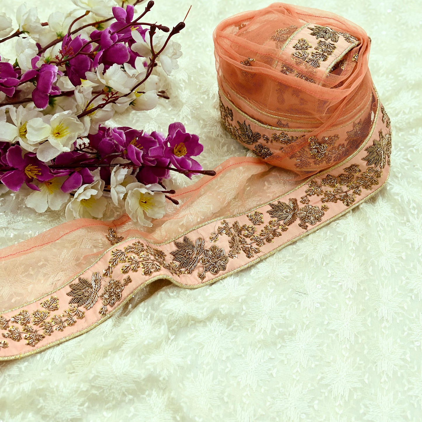 Indian Vintage Peach Sari Border Hand Embroidered 1yd Craft Trim Lace Sewing Net/Mess Ribbon Recycled Sari Border Zardozi/ Dabka Zari