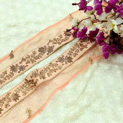 Indian Vintage Peach Sari Border Hand Embroidered 1yd Craft Trim Lace Sewing Net/Mess Ribbon Recycled Sari Border Zardozi/ Dabka Zari