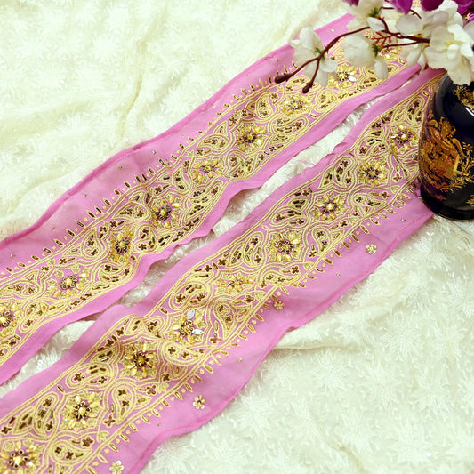 Indian Vintage Pink Border Hand Embroidered Craft Trim 1yd Lace Sewing Pure Georgette Silk Ribbon Recycled Sari Border Decor Gift Wrapped