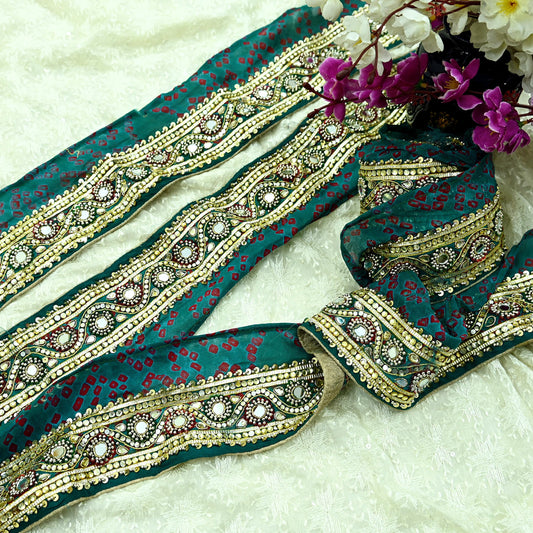 Indian Vintage Green Sari Border Hand Embroidered Bandhani 1Yd Craft Trim Lace Sewing Sari Ribbon Pure silk  Zardozi/Dabka Zari Decor