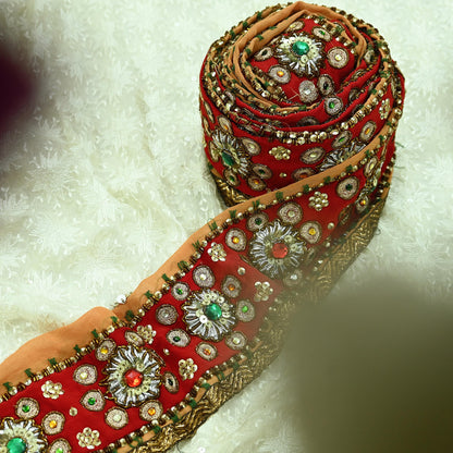 Indian Vintage Red & Saffron Border Hand Embroidered 1Yd Craft Trim Lace Sewing Sari Ribbon Pure Crepe silk  Zardozi/Dabka Zari