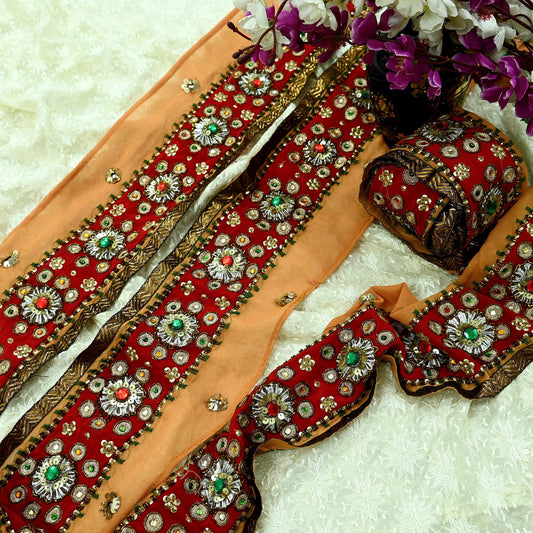 Indian Vintage Red & Saffron Border Hand Embroidered 1Yd Craft Trim Lace Sewing Sari Ribbon Pure Crepe silk  Zardozi/Dabka Zari