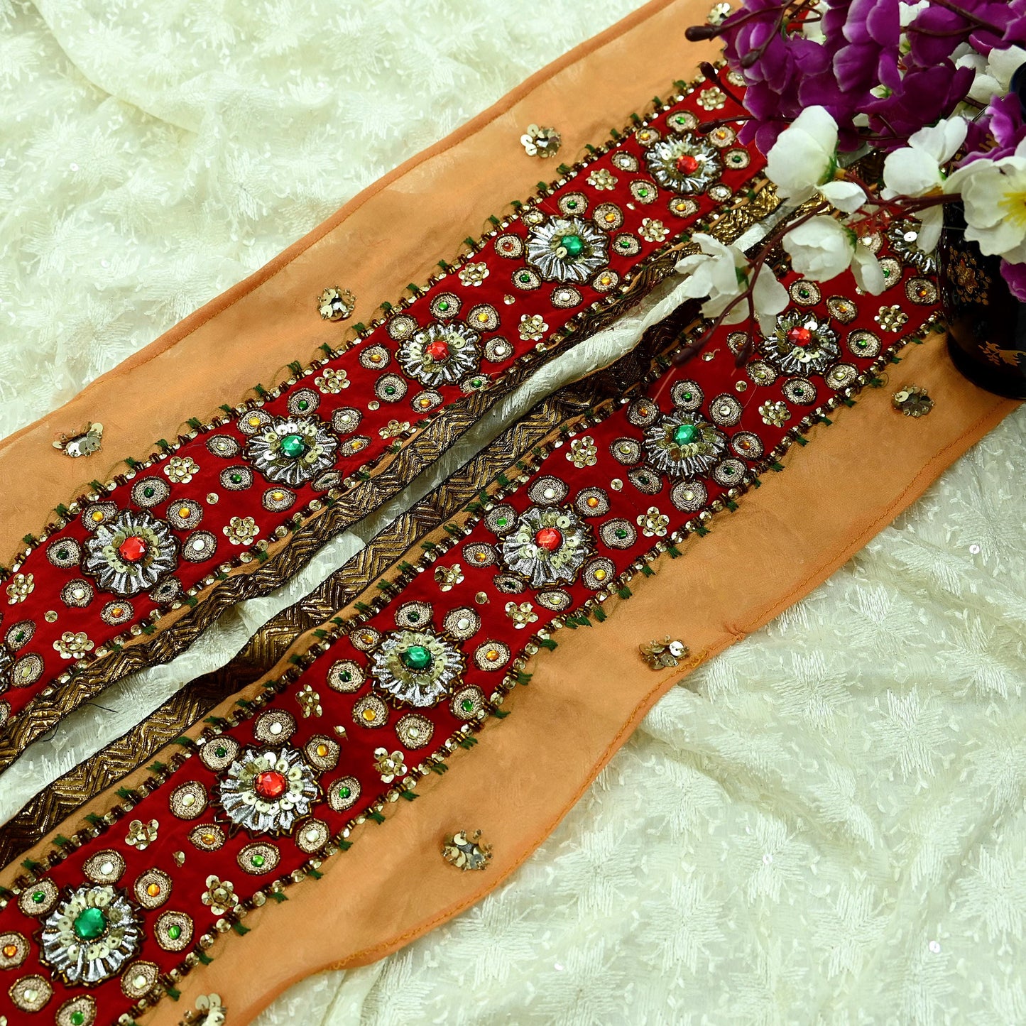 Indian Vintage Red & Saffron Border Hand Embroidered 1Yd Craft Trim Lace Sewing Sari Ribbon Pure Crepe silk  Zardozi/Dabka Zari