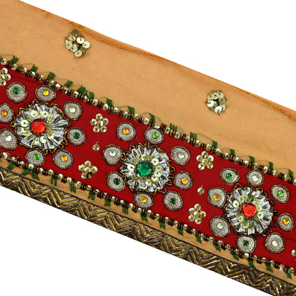 Indian Vintage Red & Saffron Border Hand Embroidered 1Yd Craft Trim Lace Sewing Sari Ribbon Pure Crepe silk  Zardozi/Dabka Zari