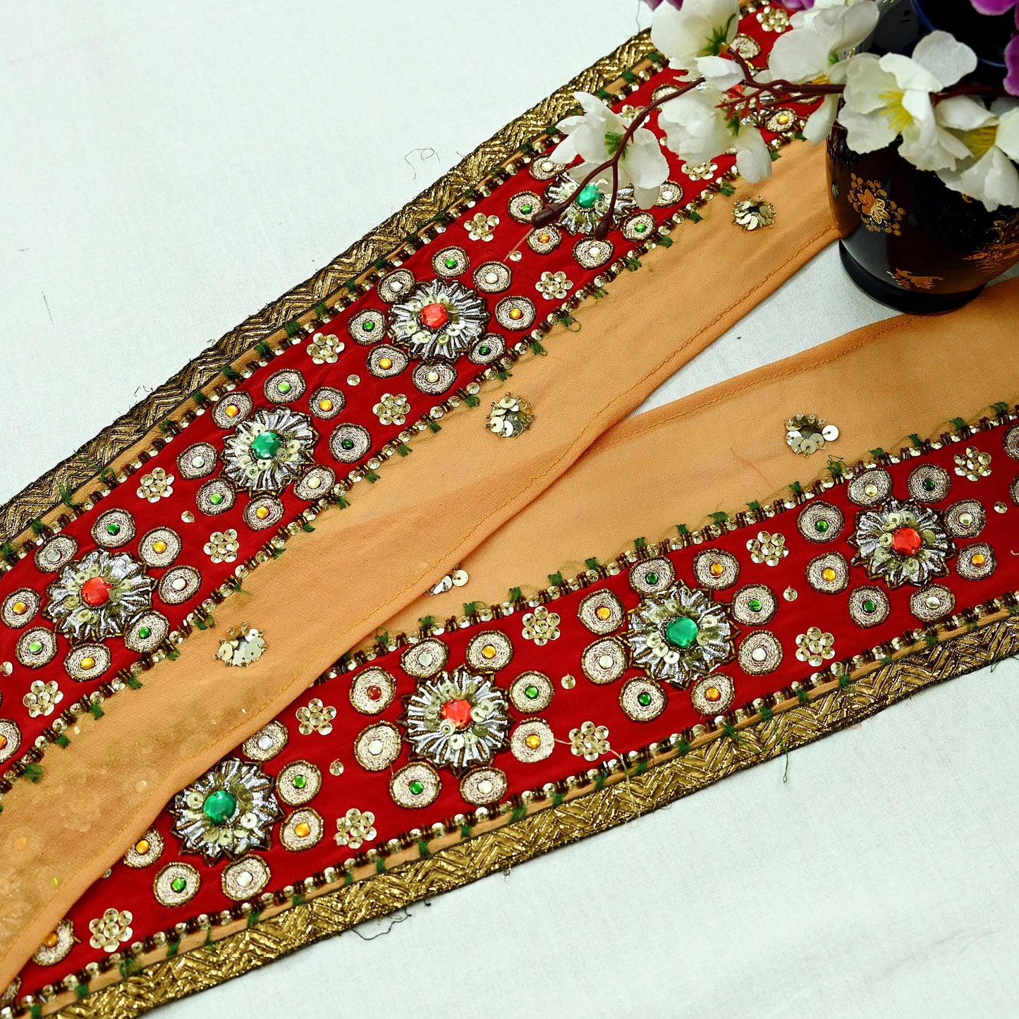 Indian Vintage Red & Saffron Border Hand Embroidered 1Yd Craft Trim Lace Sewing Sari Ribbon Pure Crepe silk  Zardozi/Dabka Zari
