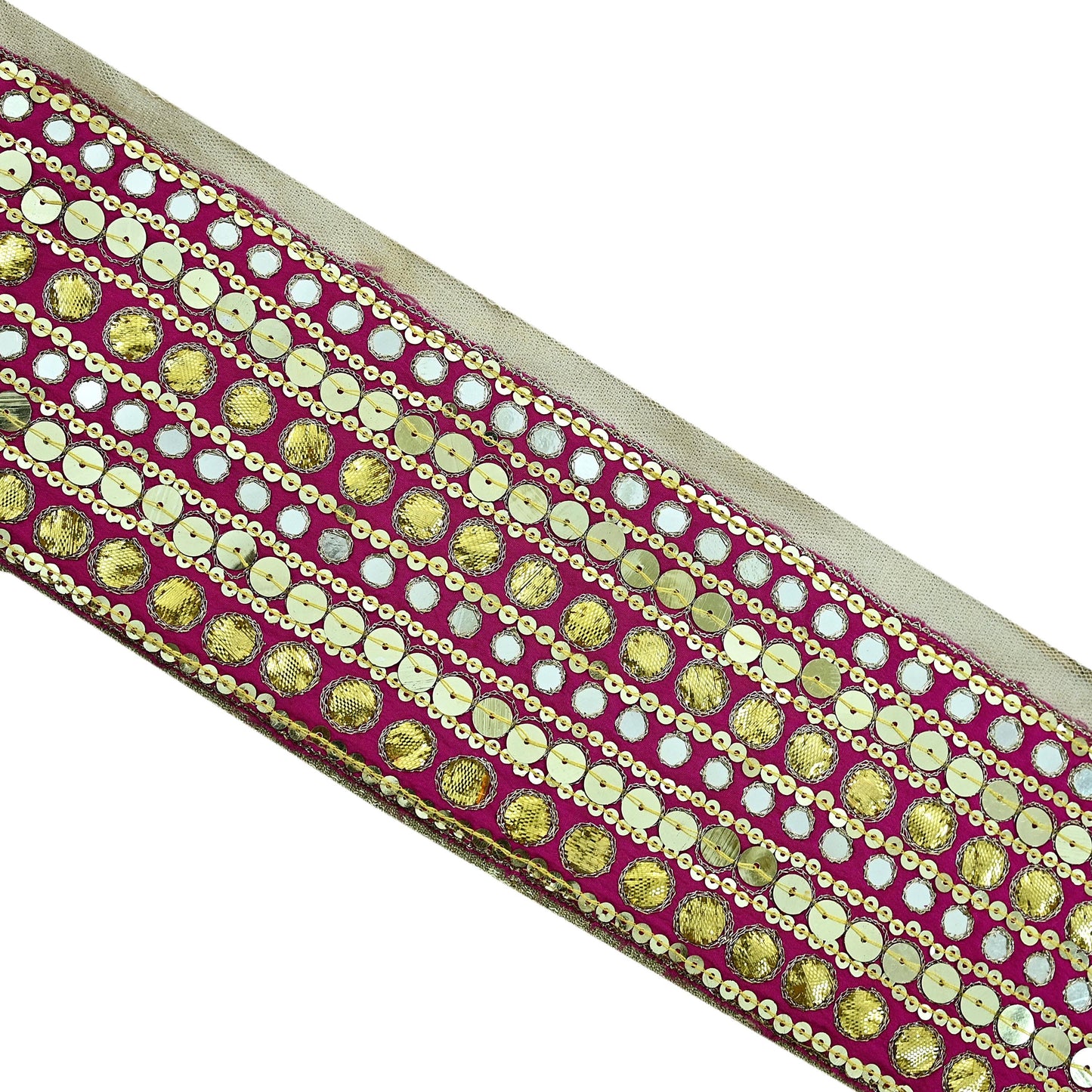 Indian Vintage Rani Pink Border Hand Embroidered 1yd Craft Trim Lace Sewing Ribbon Recycled Sari Border Gota Patti Net/ Crepe Silk