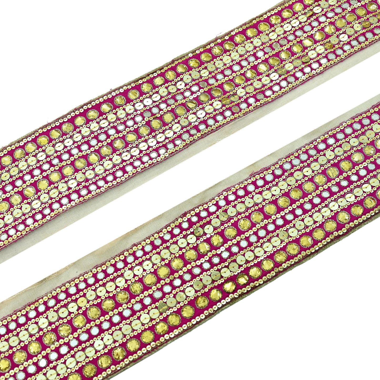 Indian Vintage Rani Pink Border Hand Embroidered 1yd Craft Trim Lace Sewing Ribbon Recycled Sari Border Gota Patti Net/ Crepe Silk