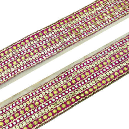 Indian Vintage Rani Pink Border Hand Embroidered 1yd Craft Trim Lace Sewing Ribbon Recycled Sari Border Gota Patti Net/ Crepe Silk