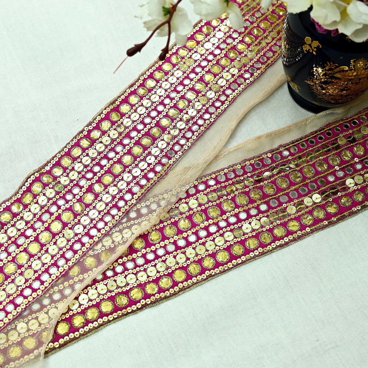 Indian Vintage Rani Pink Border Hand Embroidered 1yd Craft Trim Lace Sewing Ribbon Recycled Sari Border Gota Patti Net/ Crepe Silk
