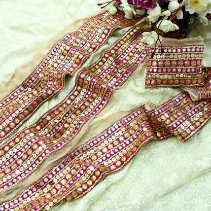 Indian Vintage Rani Pink Border Hand Embroidered 1yd Craft Trim Lace Sewing Ribbon Recycled Sari Border Gota Patti Net/ Crepe Silk