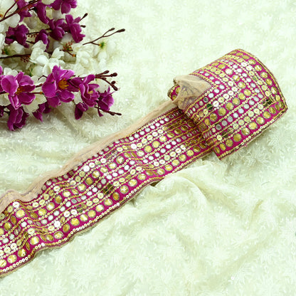 Indian Vintage Rani Pink Border Hand Embroidered 1yd Craft Trim Lace Sewing Ribbon Recycled Sari Border Gota Patti Net/ Crepe Silk