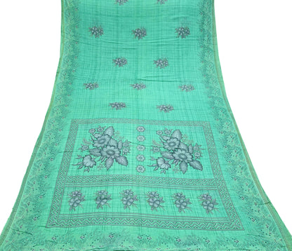 Indian Vintage Green Saree Printed Pure Cotton Sari Craft Fabric 5Yd Soft Sewing Sarong Wrap Boho Floral Upcycle Quilting For Crafting