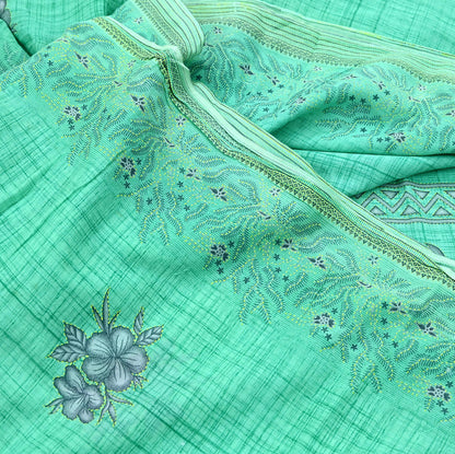 Indian Vintage Green Saree Printed Pure Cotton Sari Craft Fabric 5Yd Soft Sewing Sarong Wrap Boho Floral Upcycle Quilting For Crafting