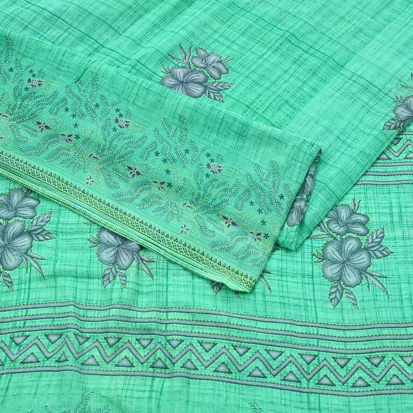 Indian Vintage Green Saree Printed Pure Cotton Sari Craft Fabric 5Yd Soft Sewing Sarong Wrap Boho Floral Upcycle Quilting For Crafting