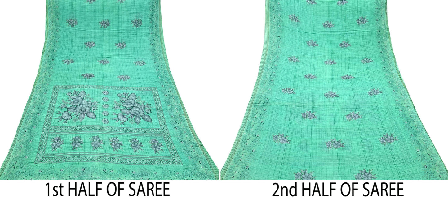 Indian Vintage Green Saree Printed Pure Cotton Sari Craft Fabric 5Yd Soft Sewing Sarong Wrap Boho Floral Upcycle Quilting For Crafting