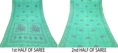 Indian Vintage Green Saree Printed Pure Cotton Sari Craft Fabric 5Yd Soft Sewing Sarong Wrap Boho Floral Upcycle Quilting For Crafting