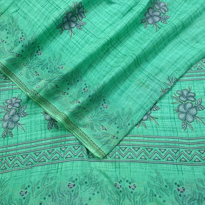 Indian Vintage Green Saree Printed Pure Cotton Sari Craft Fabric 5Yd Soft Sewing Sarong Wrap Boho Floral Upcycle Quilting For Crafting