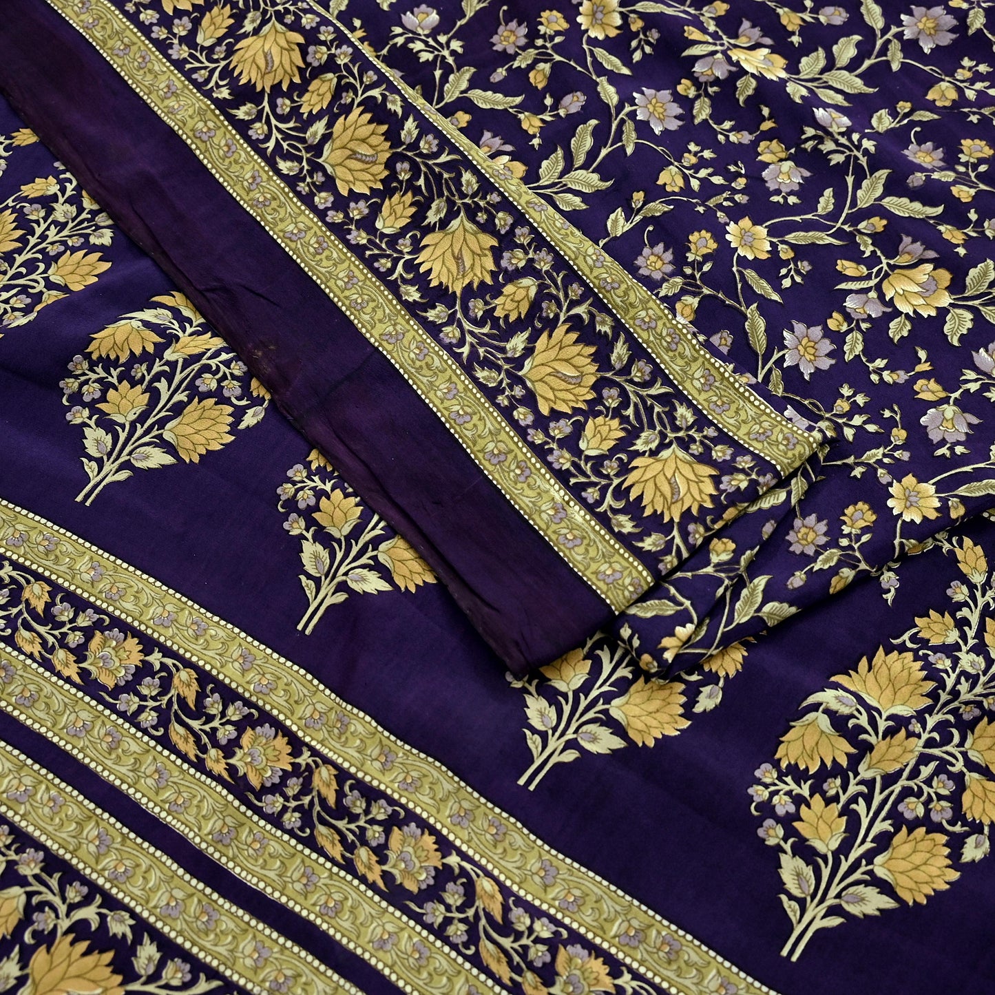 Indian Vintage Purple Saree Pure Crepe Silk Printed Sari Craft Fabric 5yd Sewing Floral Soft Wrap Dress making For Crafting Quilting