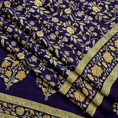 Indian Vintage Purple Saree Pure Crepe Silk Printed Sari Craft Fabric 5yd Sewing Floral Soft Wrap Dress making For Crafting Quilting