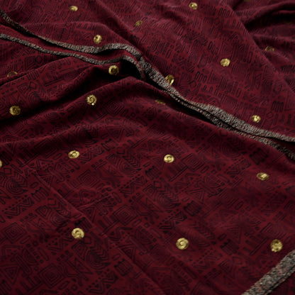 Indian Vintage Sari Maroon Pure Crepe Silk Hand Embroidered Saree 5yd Sewing Floral Craft Sequins Dress making Crafting Quilting