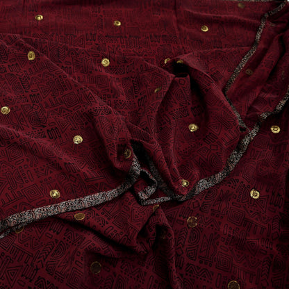 Indian Vintage Sari Maroon Pure Crepe Silk Hand Embroidered Saree 5yd Sewing Floral Craft Sequins Dress making Crafting Quilting