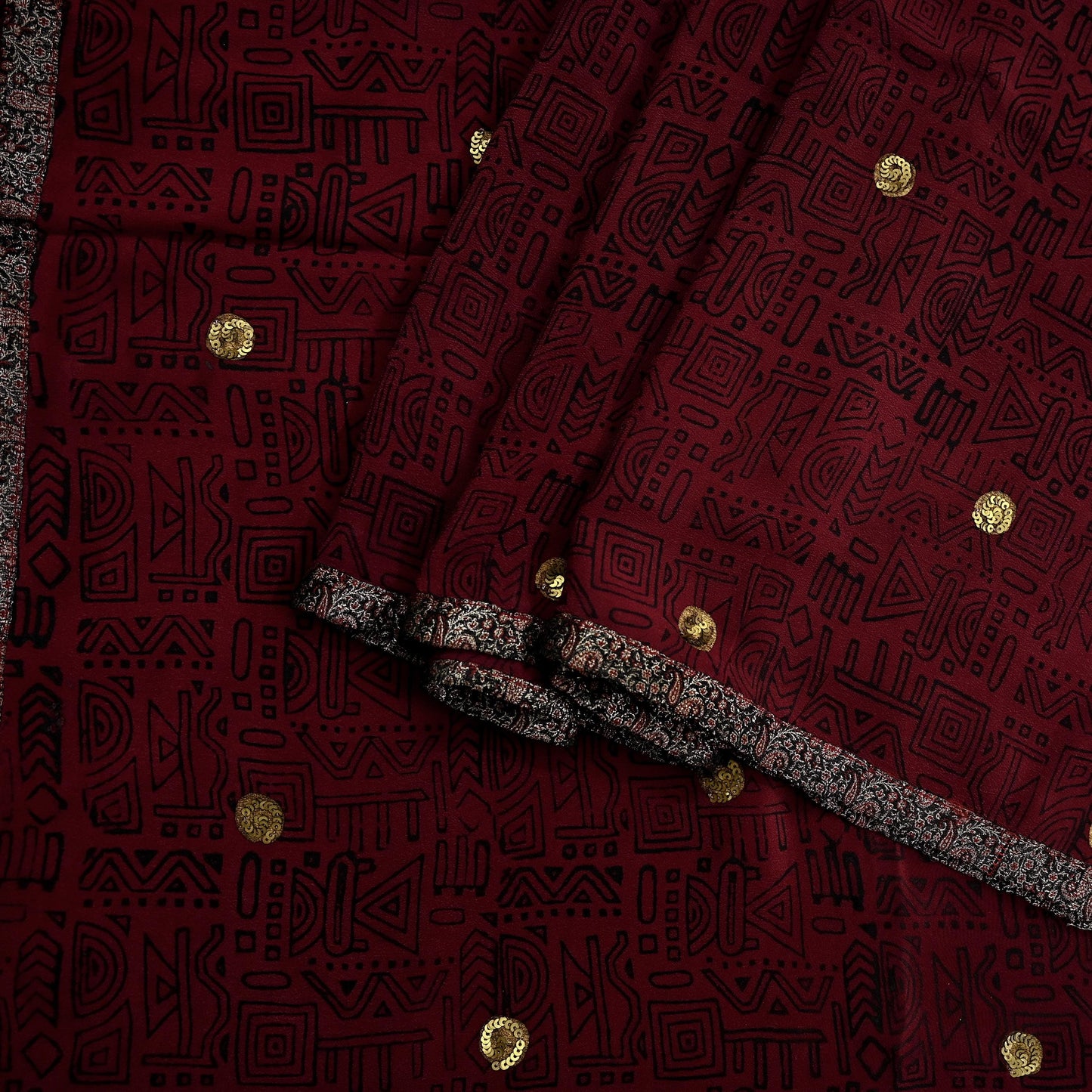 Indian Vintage Sari Maroon Pure Crepe Silk Hand Embroidered Saree 5yd Sewing Floral Craft Sequins Dress making Crafting Quilting