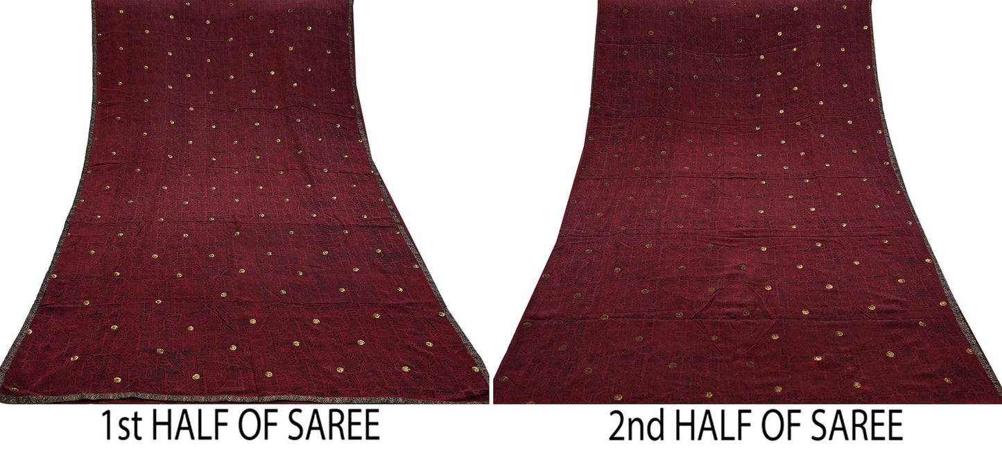 Indian Vintage Sari Maroon Pure Crepe Silk Hand Embroidered Saree 5yd Sewing Floral Craft Sequins Dress making Crafting Quilting