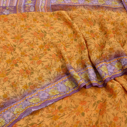 Indian Vintage Saffron & Purple Saree Pure Chiffon Silk Printed Sari Craft Fabric Sewing 5Yd Soft Light Sari Dress Making Floral