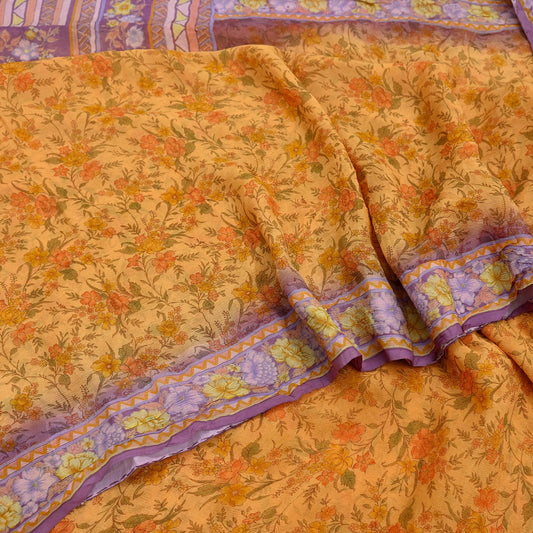 Indian Vintage Saffron & Purple Saree Pure Chiffon Silk Printed Sari Craft Fabric Sewing 5Yd Soft Light Sari Dress Making Floral