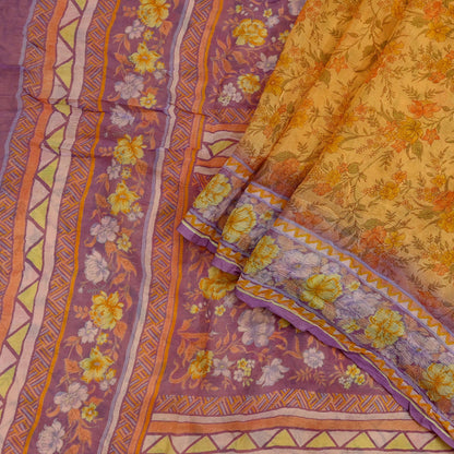 Indian Vintage Saffron & Purple Saree Pure Chiffon Silk Printed Sari Craft Fabric Sewing 5Yd Soft Light Sari Dress Making Floral