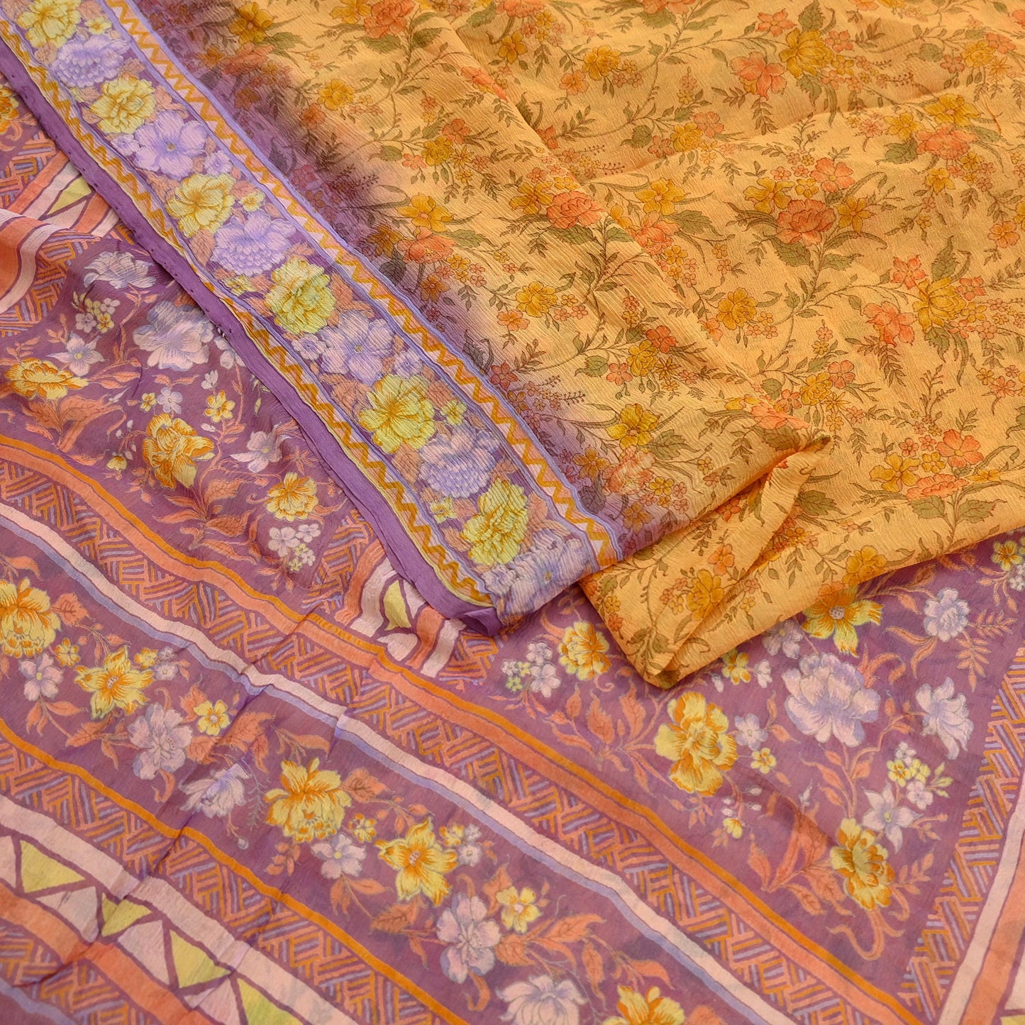 Indian Vintage Saffron & Purple Saree Pure Chiffon Silk Printed Sari Craft Fabric Sewing 5Yd Soft Light Sari Dress Making Floral