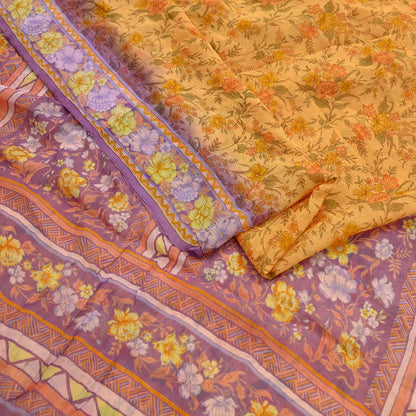 Indian Vintage Saffron & Purple Saree Pure Chiffon Silk Printed Sari Craft Fabric Sewing 5Yd Soft Light Sari Dress Making Floral