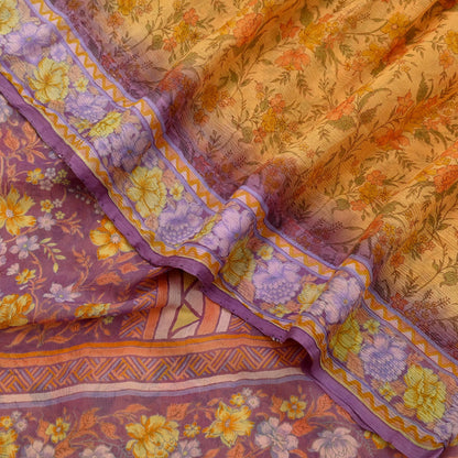 Indian Vintage Saffron & Purple Saree Pure Chiffon Silk Printed Sari Craft Fabric Sewing 5Yd Soft Light Sari Dress Making Floral