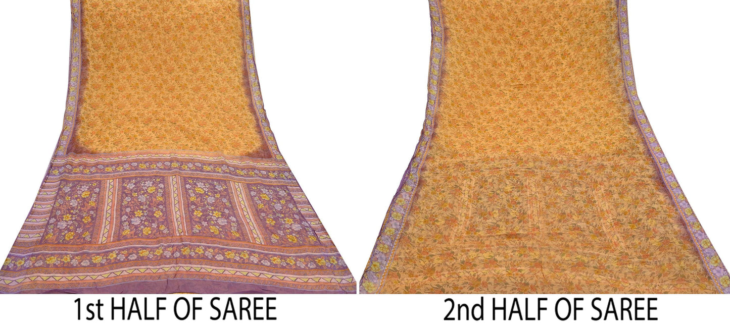 Indian Vintage Saffron & Purple Saree Pure Chiffon Silk Printed Sari Craft Fabric Sewing 5Yd Soft Light Sari Dress Making Floral