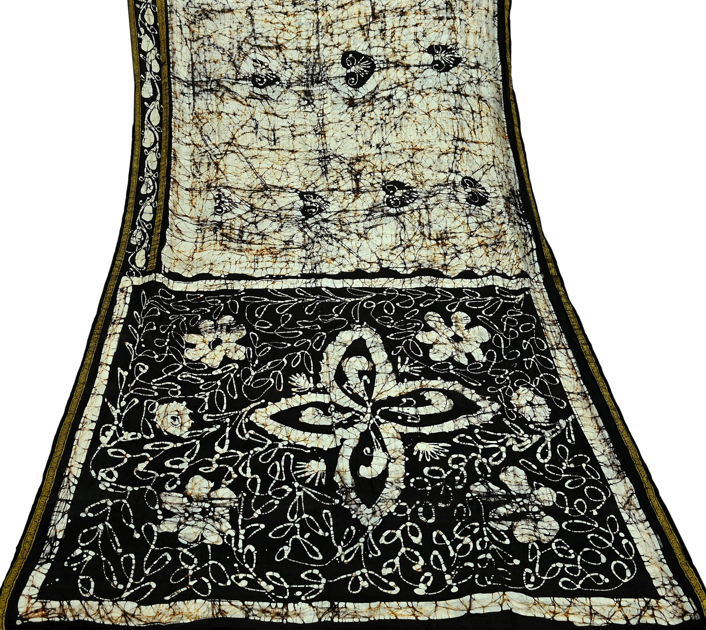 Indian Vintage Brown & Ivory Saree Batik Printed 100% Pure Silk Indian Sari Craft Soft Fabric 5Yard Sewing Sarong Wrap Boho Dress making