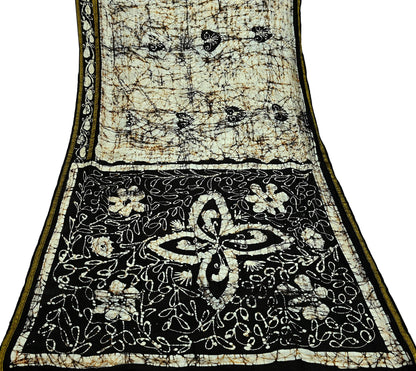 Indian Vintage Brown & Ivory Saree Batik Printed 100% Pure Silk Indian Sari Craft Soft Fabric 5Yard Sewing Sarong Wrap Boho Dress making