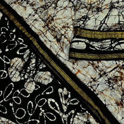 Indian Vintage Brown & Ivory Saree Batik Printed 100% Pure Silk Indian Sari Craft Soft Fabric 5Yard Sewing Sarong Wrap Boho Dress making