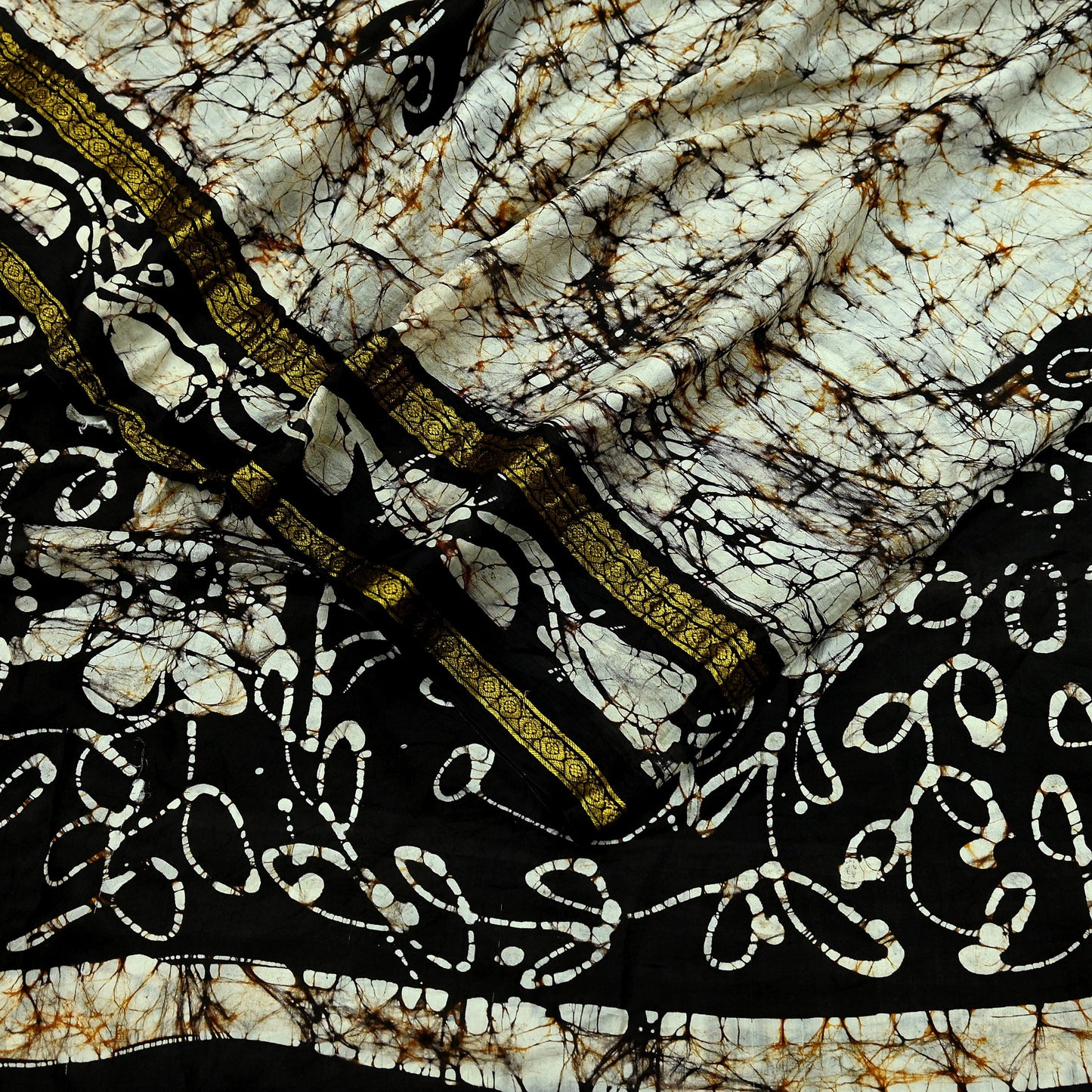 Indian Vintage Brown & Ivory Saree Batik Printed 100% Pure Silk Indian Sari Craft Soft Fabric 5Yard Sewing Sarong Wrap Boho Dress making
