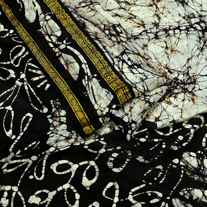 Indian Vintage Brown & Ivory Saree Batik Printed 100% Pure Silk Indian Sari Craft Soft Fabric 5Yard Sewing Sarong Wrap Boho Dress making