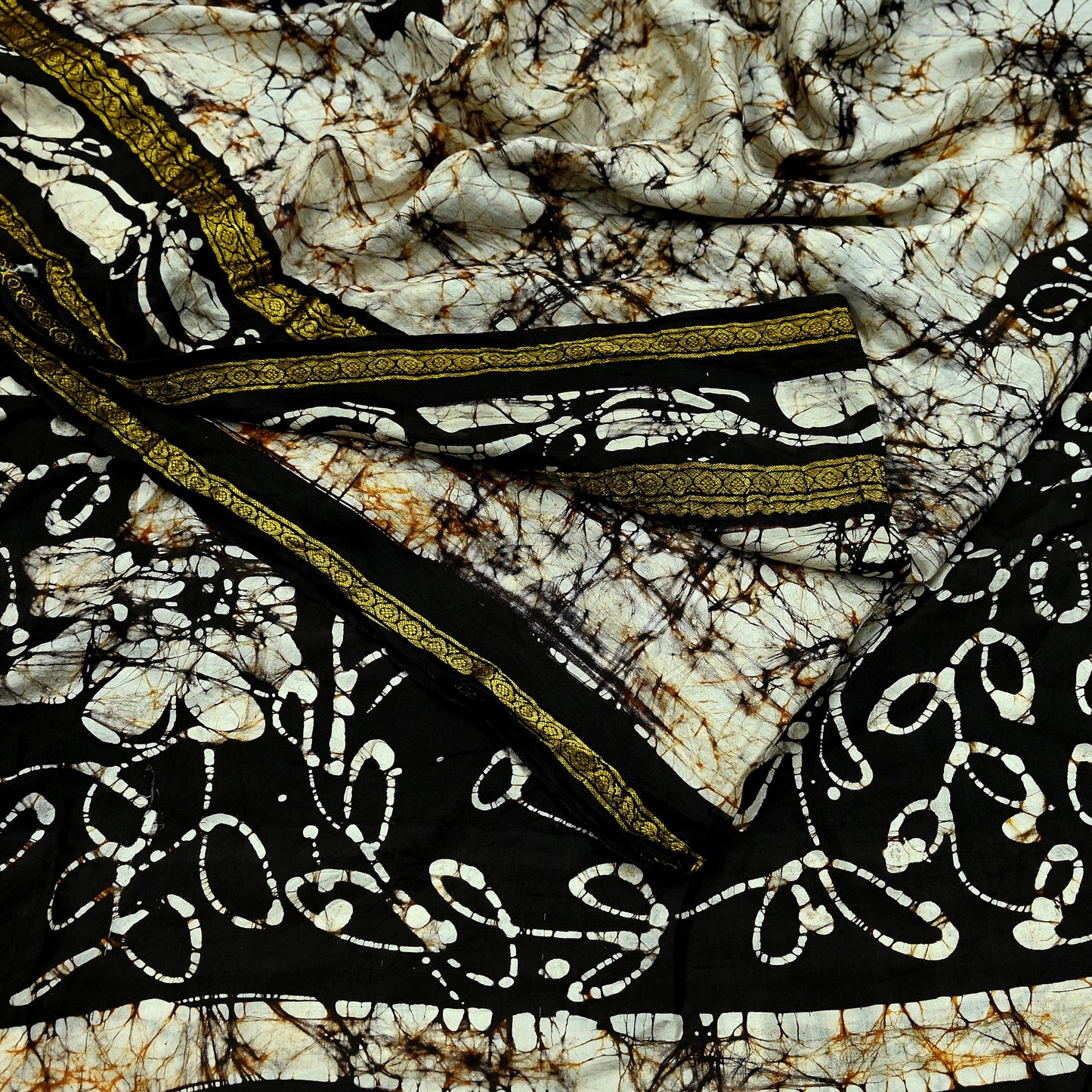 Indian Vintage Brown & Ivory Saree Batik Printed 100% Pure Silk Indian Sari Craft Soft Fabric 5Yard Sewing Sarong Wrap Boho Dress making