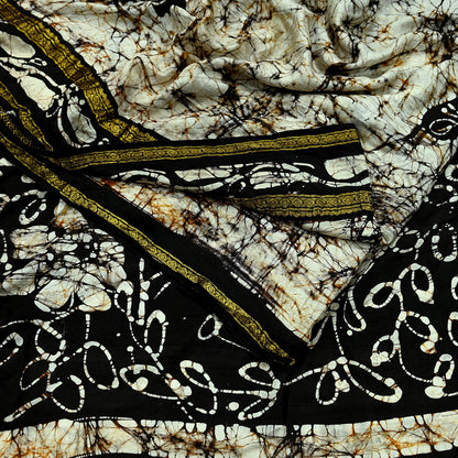 Indian Vintage Brown & Ivory Saree Batik Printed 100% Pure Silk Indian Sari Craft Soft Fabric 5Yard Sewing Sarong Wrap Boho Dress making
